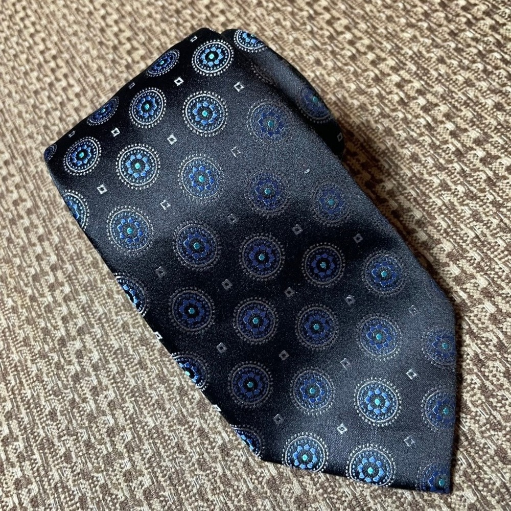 Ted Baker London Tie Wedding Black Blue Silk Geometric Medallion Formal Luxury